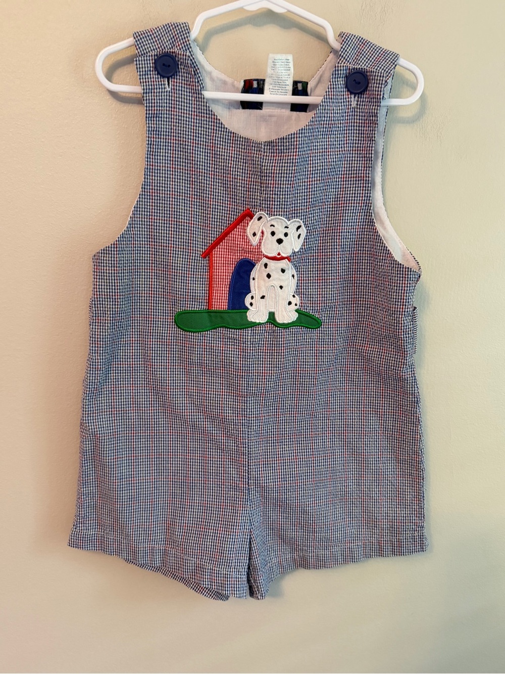 Samara Checkered Puppy Applique Shortall - Blue & Red